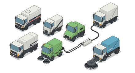 Isometric street sweeper trucks collection on white background