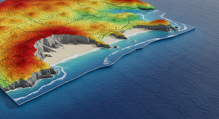 Coastal Topography 3D Render of a Beach with Elevation Data and Detailed Terrain Display