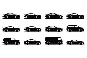 Black car side view silhouette icon set featuring sedans, coupes, SUVs and vans for transport, fleet and automotive branding design