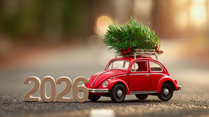 A small red retro car with a Christmas tree on the roof against the backdrop of a street and the numbers "2026." Gift delivery. Happy New Year 2026. Greeting card.