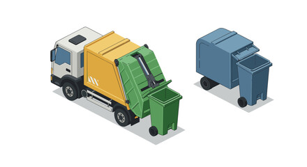 Isometric garbage truck and waste bin collection process