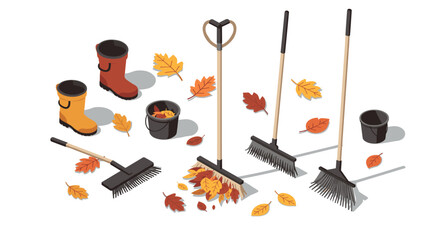 Obraz premium Autumn leaves cleanup with rakes and boots: seasonal gardening tools on white background