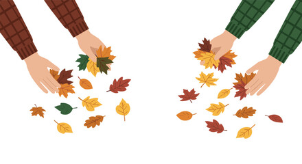 Fototapeta premium Hands gathering autumn leaves on white background