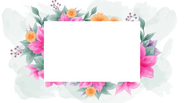 Watercolor flower frame border on green watercolor and white background
