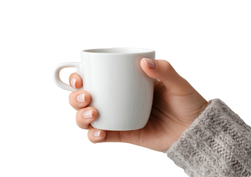 Hand Holding a Coffee Cup: A close-up shot captures a hand delicately holding a simple, white coffee cup. The image conveys a sense of warmth and comfort, making it perfect for themes like relaxation.