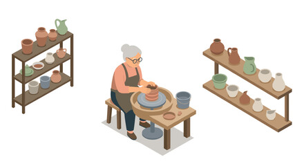 Elderly woman crafting pottery on wheel in cozy studio with ceramic shelves