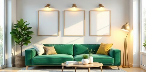 Serene living space showcasing a comfortable emerald sofa adorned with decorative pillows, complemented by natural light and blank framed artwork ready for personalization