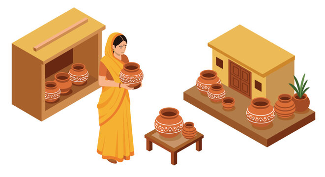 Isometric woman in traditional attire with clay pots and village hut
