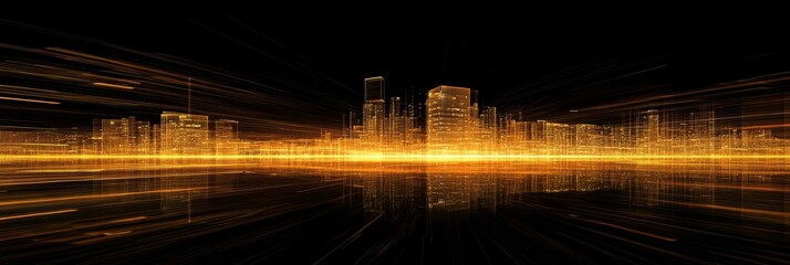 Dynamic Energy Transfer in a Distorted Imaginary City with Glowing Lights and Dark Background