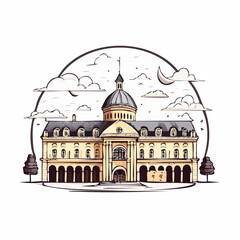 Elegant building illustration with clouds and moon in vector design