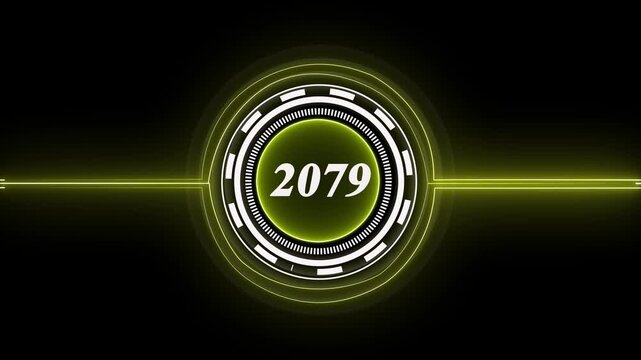 2079 text with screen effects of technological failures. Concept of counting years. Past year technology concept