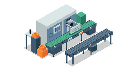 Fototapeta premium Isometric factory conveyor system with automated machine and storage boxes