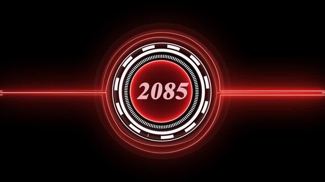 2085 text with screen effects of technological failures. Concept of counting years. Past year technology concept
