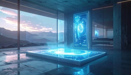 Surreal abstract mobile user interface projected in the air, mixed reality display, holographic icons floating in a minimalist environment”