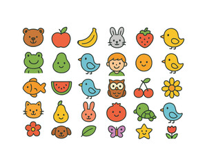 Obraz premium Colorful Children cartoon, fruits and birds icon Vector Illustration