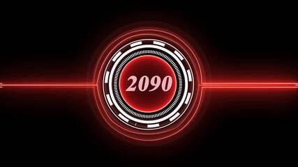 2090 text with screen effects of technological failures. Concept of counting years. Past year technology concept