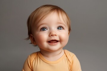 Naklejka premium Adorable infant joyfully gazing upward with wonder against a soft grey backdrop in a studio setting.