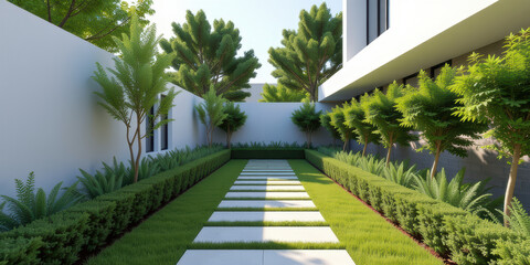 Modern backyard pathway with linear stepping stone lawn and green hedges creating serene
