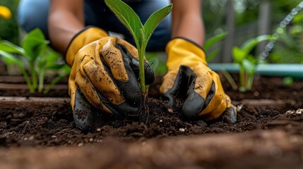 Hands in yellow gardening gloves gently planting a small green seedling in rich soil, surrounded by other plants, showcasing the care and nurturing involved in gardening and plant growth