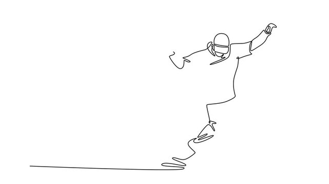 Self drawing animation of single line draw Hip Hop dancer mid-groove, leaning low with arm extended for balance, expression. Characteristic grounded, fluid style. Continuous line. Full length animated