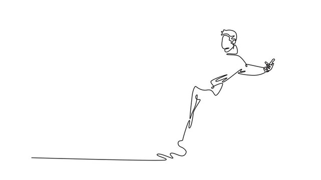 Self drawing animation of single line draw young male mid-step in a dynamic, sideways pose, pointing with both hands, moment of confident, energetic street dance. Continuous line. Full length animated