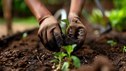 Closeup of gloved hands gently planting a small seedling in rich, dark soil, highlighting the textures of the earth and the delicate nature of new growth in a garden setting