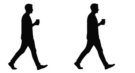 Two men walking in silhouette each holding a beverage container