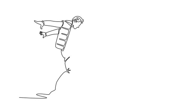 Animated self drawing of continuous line draw attractive guy mid-jump or leap, with one knee tucked high and arm outstretched, dynamic and energetic Hip Hop movement. Full length single line animation