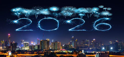 2025 happy new year fireworks in Bangkok city at night, Thailand