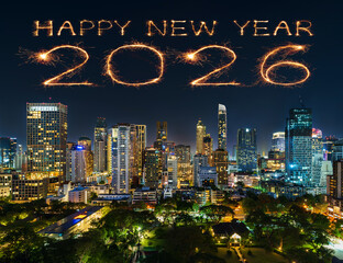 2025 happy new year fireworks in Bangkok city at night, Thailand