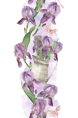 Seamless vertical border with purple irises, flowers in a vintage jug and pink butterflies on the background of a lilac watercolor spot. The illustration is hand-drawn in a botanical style For textile