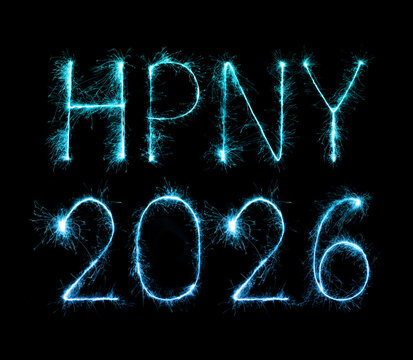 2026 (HPNY) happy new year fireworks celebration written sparkling at night