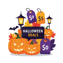 A vibrant Halloween deals illustration featuring grinning jack-o'-lanterns, autumn leaves, glowing lanterns, a bat, and price tags for seasonal sales.