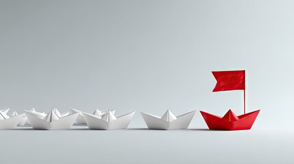 Red paper boat leading white paper boats on gray background concept
