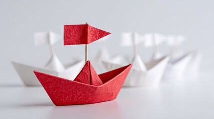 Red paper boat leads white paper boats concept leadership