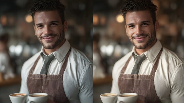 A smiling barista serves two cups of coffee in a welcoming cafe atmosphere