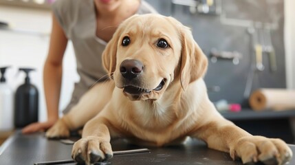 A charming labrador puppy lies on a grooming table, its innocent eyes wide with curiosity, as a groomer stands in the background, ready to pamper the adorable canine with a gentle touch and care