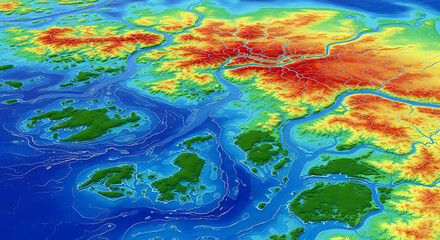 Topographic map displaying a vibrant, colorful representation of islands and waterways, illustrating elevation changes and geographical features in a stunning visual format