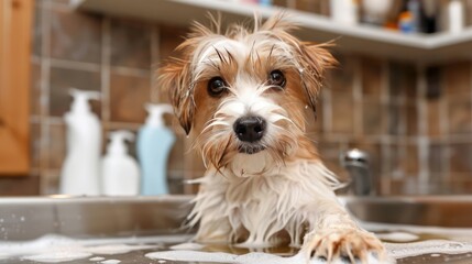 A fluffy terrier mix dog with wet fur is sitting in a stainless steel sink, looking directly at the camera with a hopeful expression, surrounded by soap bubbles and bathroom tiles in the background
