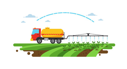 Fototapeta premium Modern farming technology featuring an irrigation truck applying water or fertilizer to a vibrant crop field, highlighting efficient agricultural processes
