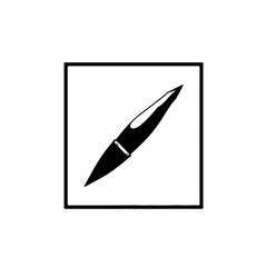 Modern black and white vector icon of a sleek writing pen, framed in a simple square, perfect for digital design, educational resources, professional documents, or creative branding elements