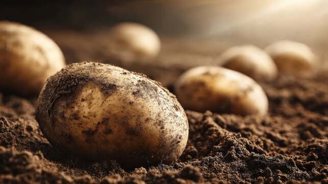 Freshly harvested potatoes in rich brown soil under natural light