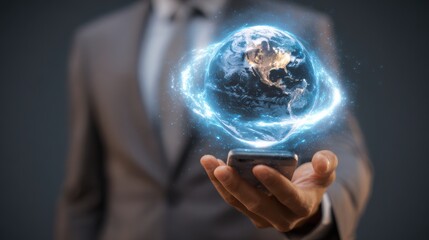 A businessman holds a glowing, holographic globe in his hand, symbolizing innovation and global connectivity.