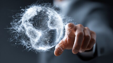 A businessman interacts with a digital globe, representing global connectivity and technology innovation.