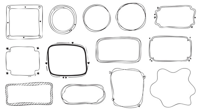 Hand Drawn Doodle Frames Collection: Square, Circle, and Rectangle Shapes for Decoration and Design Projects, Customizable Vector Elements for Creative Applications.