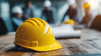 A close-up of a yellow hard hat resting on a wooden table with construction plans and blurred workers in the background.
