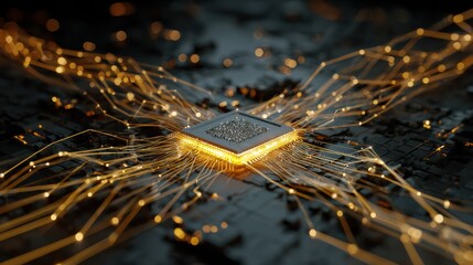 A close-up view of a microchip surrounded by glowing circuit pathways, symbolizing advanced technology and innovation.