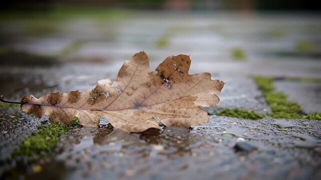 Fallen oak leaf with water droplets on a wet stone walkway, surrounded by moss