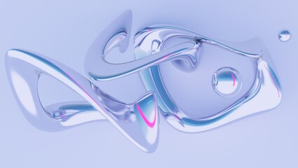 Fluid liquid chrome blue white shapes and spheres abstract background. 3d illustration contemporary art