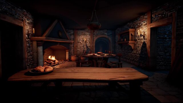 A Dimly Lit Medieval Tavern Interior with Long Wooden Tables and Warm Candlelight